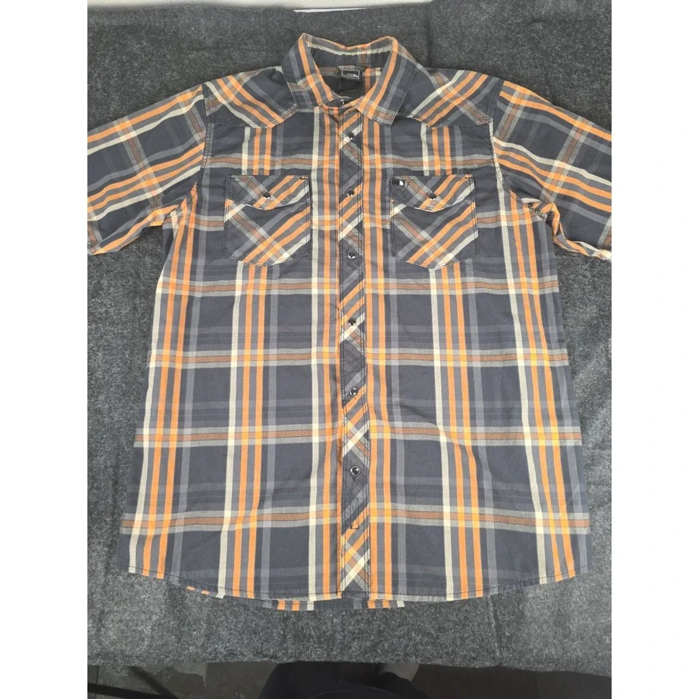 The North Face Pearl Snap Short Sleeve Button Up Black Gray Orange Plaid Shirt M